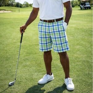 IZOD Performance Golf Shorts Men 34 Plaid Green Blue White Polyester Colorful
